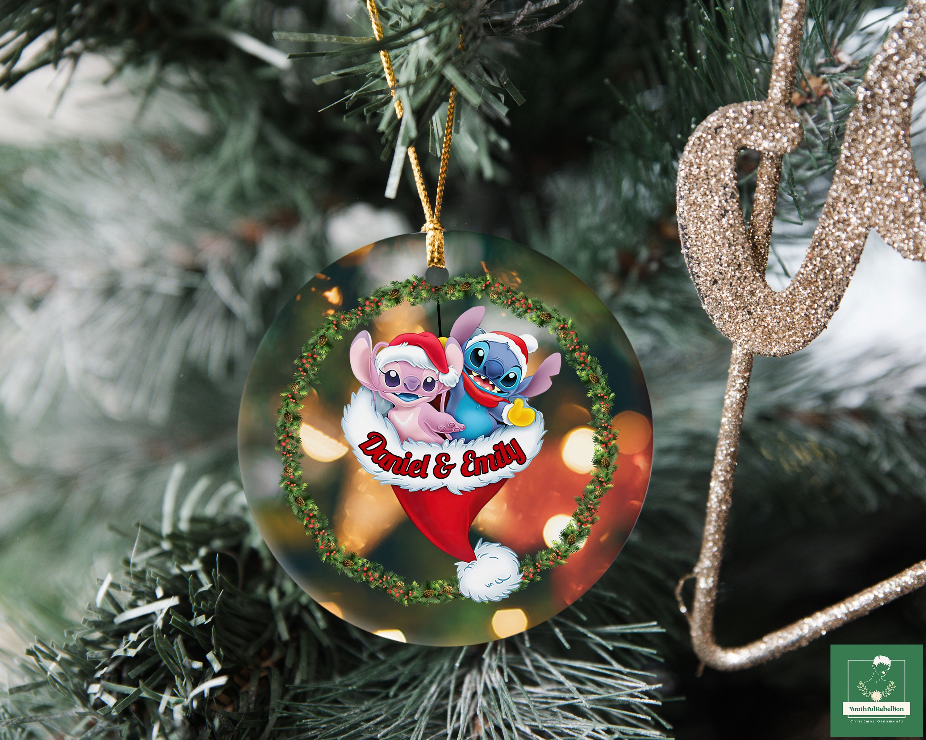 Stitch and Angel Ornament Personalized, Christmas Stitch Ornament, Disney Couple Ornament