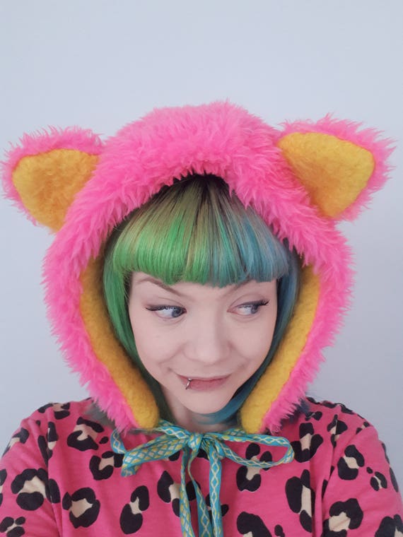 Faux fur cat ears Pink Cat ear hood Furry Festival hood Etsy