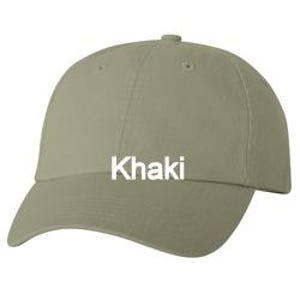 May include: A solid olive-toned baseball cap featuring a structured six-panel design with a curved brim and a button top. The word Khaki is printed in bold white sans-serif letters across the center front of the crown.