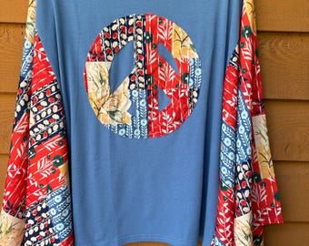 Upcycled 1X Boho Peace Sign Batwing Crewneck T Plus size