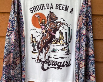 Upcycled Boho Western Cowgirl Batwing Crewneck T