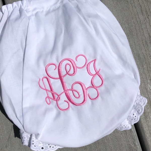 Girls Preppy Monogram Diaper Covers Bloomers White Diaper Cover, Eyelet Lace, Personalized Panty