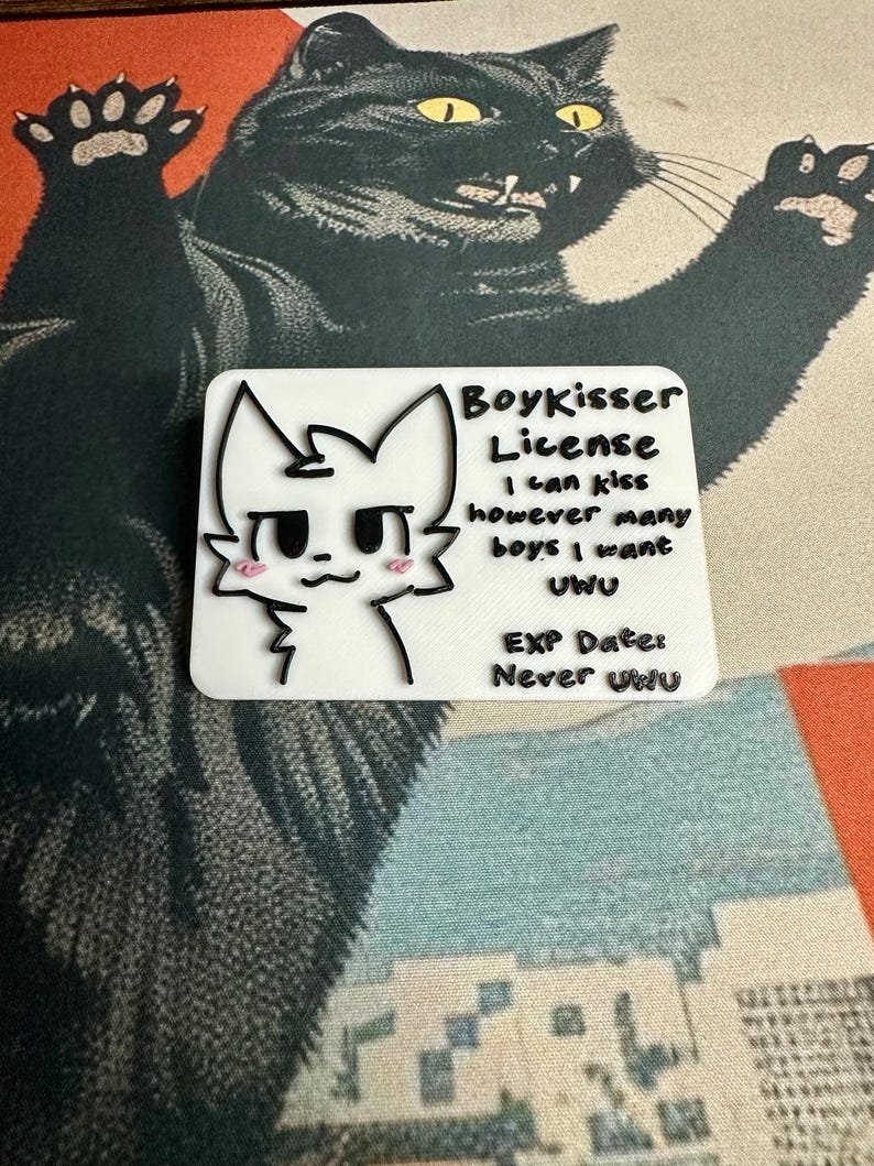 The Boykisser License charm resting on a Japanese-style desk mat featuring a large black cat and a city/mountain scene. This image showcases the front of the license.
