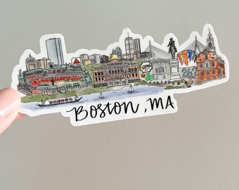 Boston, MA Massachusetts Skyline/landmark sticker - Fenway park - Celtics - ducklings  - swan boats, laptop sticker water bottle sticker