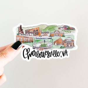 May include: A watercolor illustration sticker of the University of Virginia campus in Charlottesville, Virginia. The sticker features iconic buildings, a football stadium, and the text "Charlottesville, VA".