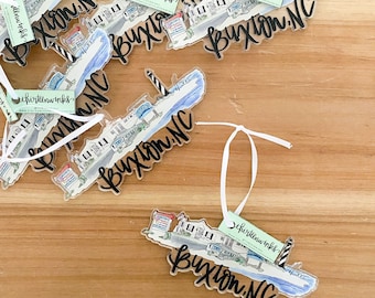 Buxton NC Skyline ornament / acrylic ornament / North Carolina