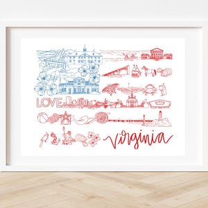 Virginia Art Print, 8x10 State Landmarks Illustration – Patriotic Red, white, & Blue Home Decor – Virginia Gift or Souvenir, July decor