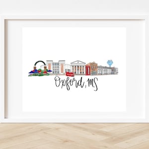 Oxford, MS Mississippi Skyline Print, Oxford Art, Doppeldeckerbus, Blau und Rot