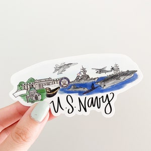 May include: A white sticker with a blue and white watercolor background featuring a navy ship, a helicopter, a jet, a building, a hat, and the text "U.S. Navy".
