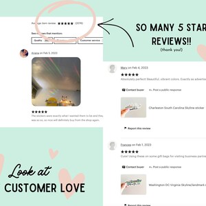 May include: A screenshot of Etsy reviews for a shop selling skyline stickers. The reviews are all 5 stars and include positive comments about the quality and design of the stickers. The text "SO MANY 5 STAR REVIEWS!! (thank you!)" is written in pink and white text on a pink background.