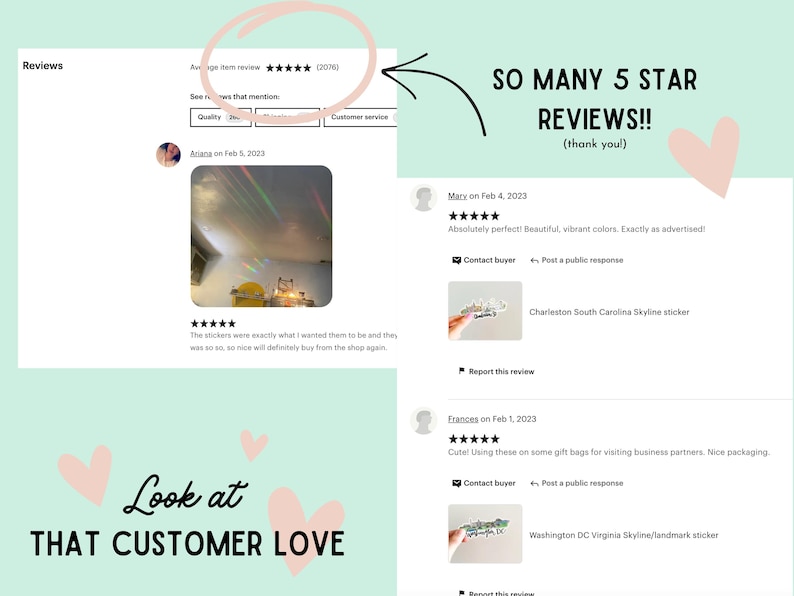 May include: A screenshot of Etsy reviews for a shop selling skyline stickers. The reviews are all 5 stars and include positive comments about the quality and design of the stickers. The text "SO MANY 5 STAR REVIEWS!! (thank you!)" is written in pink and white text on a pink background.