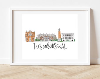 May include: A watercolor illustration of the Tuscaloosa, Alabama skyline. The illustration features a church, a stadium, a tower, and a building. The text "Tuscaloosa, AL" is written below the illustration.