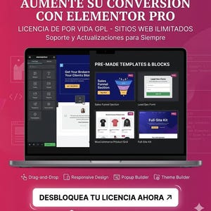 May include: A laptop screen displays Elementor Pro features, including pre-made templates and blocks for website design. The screen shows options for drag-and-drop, responsive design, and popup builder. Text in the image promotes Elementor Pro.