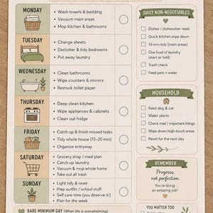 Può includere: Un grafico delle faccende domestiche settimanali beige intitolato "MOM'S" con un design floreale. Elenca compiti giornalieri e settimanali, tra cui pulizia, bucato e cura di sé. Il grafico include caselle di controllo e messaggi incoraggianti.