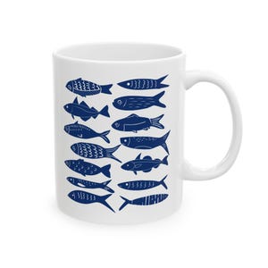 Fish mug: Blue & white Pattern, Sea Creatures, Minimalist Design, Maritime Style, Sardine Tea Cup