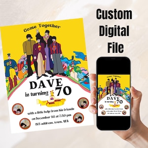 Invitación digital personalizada de cumpleaños del Submarino Amarillo, invitación personalizada para fiesta de los Beatles, descarga digital, primer cumpleaños, cumpleaños infantil