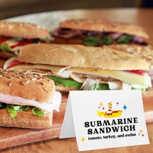 Cartões de barraca de comida para buffet Yellow Submarine, modelo editável para impressão, download digital, placas de eventos, decoração, aniversário, festa dos Beatles