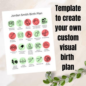 May include: A visual birth plan template with a green and red color scheme. The template includes a checklist of common birth preferences, such as no epidural, delayed cord clamping, and no eye ointment. The template is titled "Jordan Smith Birth Plan" and is labeled "Template to create your own custom visual birth plan".