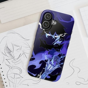 May include: A dark blue phone case featuring a stylized illustration with black and purple accents. The design includes a character with a weapon and a flowing, smoky effect. The case is on a white surface with a sketch.