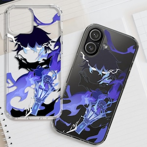 May include: Two clear phone cases with a dark design featuring a stylized figure, blue flames, and a lantern. One case is on a white notepad, the other is on a black phone. The design has black, white, and blue elements.