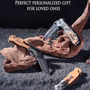 Personalized Engraved Folding Utility Tool, Custom Wood Handle Pocket Knife, Outdoorsman Gift