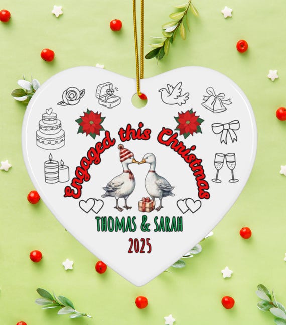 Double-Sided Goose Christmas Ornament, Heart-Shaped Personalized Goose Couple, Engagement & Wedding Keepsake, Ceramic Goose Fiance Ornament