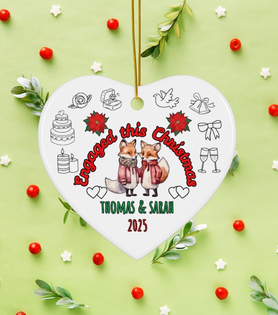 Double-Sided Fox Couple Engagement Ornament, Heart-Shaped Personalized Fox Christmas Ornament, Engagement & Marriage Gift