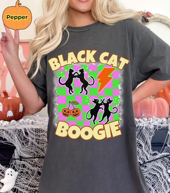 Black Cats Dancing,  Halloween Shirt with Black Cats, Comfort Colors, Cat Lover Halloween Shirt, Checkered Design