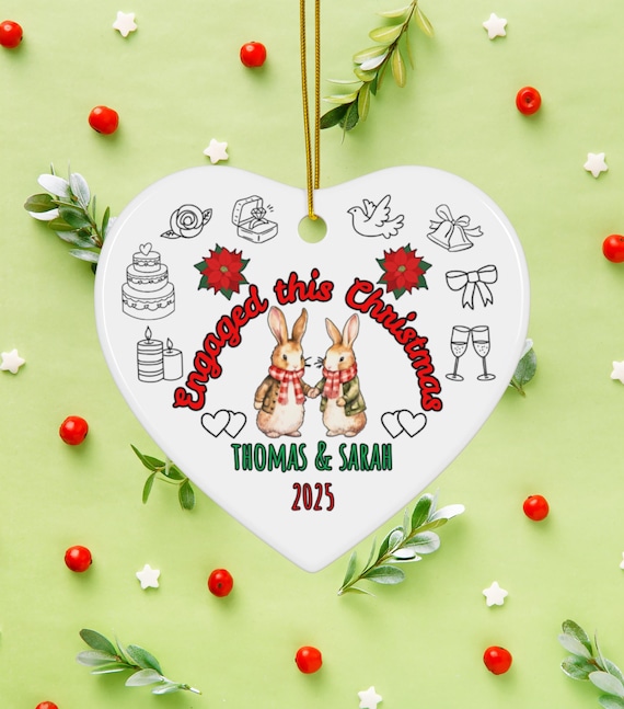 Double-Sided Bunny Couple Engagement Ornament, Heart-Shaped Personalized Bunny Christmas Ornament, Engagement & Wedding Gift