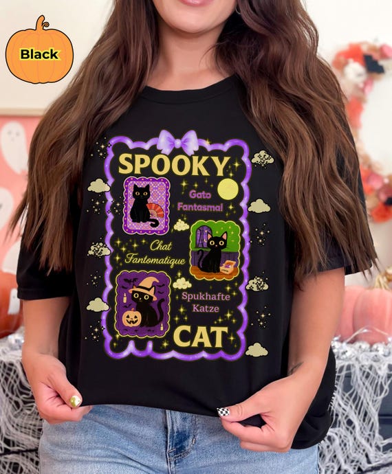 Spooky Cat Shirt, Multilingual Halloween Tee with Black Cats,  Spanish, French, German Spooky Cats, Comfort Colors 1717, Scalloped Edge Tee