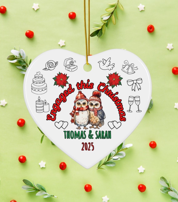 Double-Sided Personalized Owl Couple Engagement Ornament, Heart-Shaped Ceramic Owl Christmas Ornament, Owl Engagement Gift