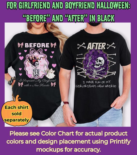 Girlfriend and Boyfriend Skeleton Shirts - “Before & After” Skeleton Hairdo Set - Girlfriend and Boyfriend Halloween - Comfort Colors