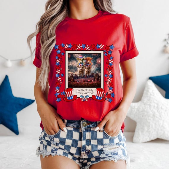 Highland Cow Family Fourth of July Unisex Tee, Patriotic T-Shirt, Independence Day Shirt, Fireworks Graphic Tee, Family Vacation Apparel