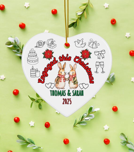 Double-Sided Bunny Couple Engagement Ornament, Heart-Shaped Personalized Bunny Christmas Ornament, Engagement & Wedding Keepsake