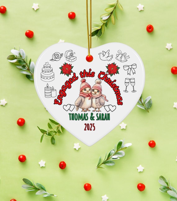 Double-Sided Bird Couple Engagement Ornament, Heart-Shaped Personalized Bird Christmas Ornament, Engagement & Wedding Keepsake
