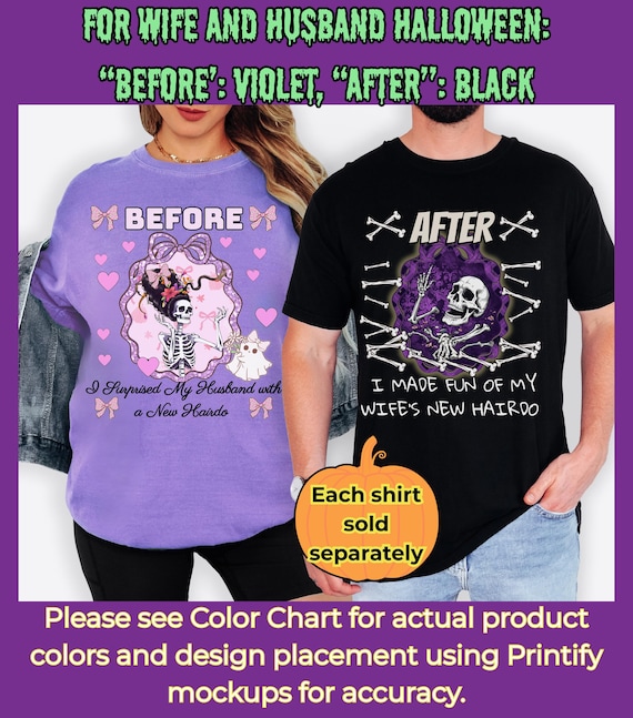 Funny Halloween Married Couple Shirts – “Before & After” Skeleton Hairdo Set - Wife and Husband Halloween - Comfort Colors