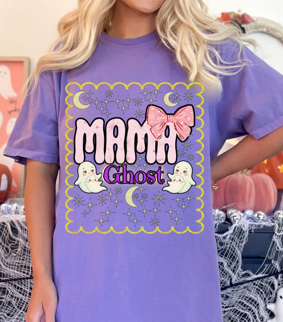 Mama Ghost Halloween Shirt, Glittery Cute Comfort Colors Tee for Moms, Scalloped Border Mama Ghost