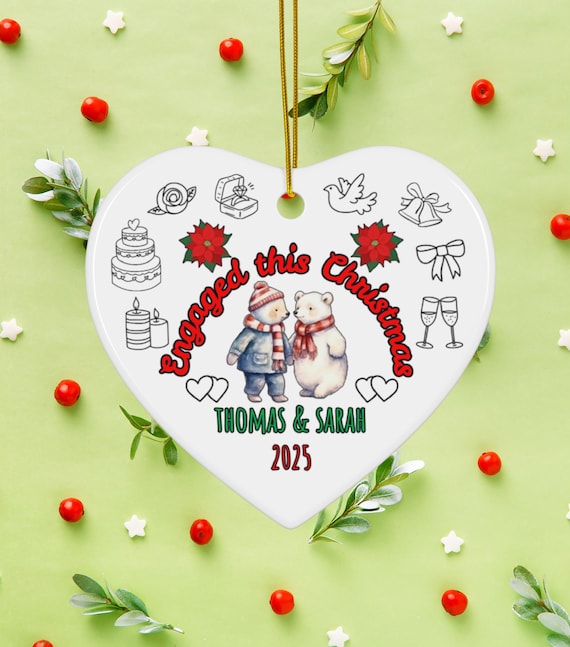 Double-Sided Personalized Polar Bear Engagement Ornament, Heart-Shaped Ceramic Bear Christmas Ornament, Polar Bear Engagement Gift