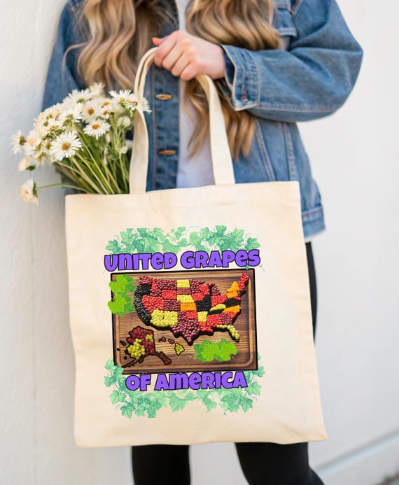 United States Grapes Canvas Tote Bag, Wine Lover Gift, Farmer's Market Shopping, Eco-Friendly Grocery Bag, Farmhouse Decor, USA Map Vineyard
