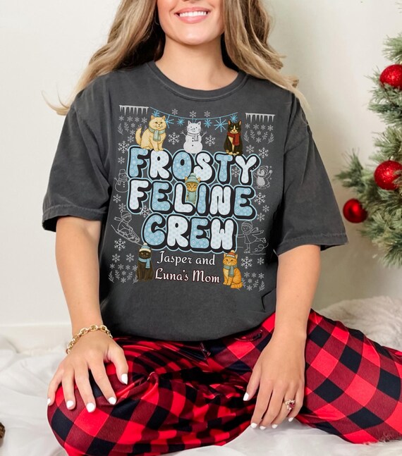 Frosty Feline Crew Shirt, Personalized Cat Lover Holiday T-Shirt, Holiday Shirt for Veterinarians, Cat Owners, Cat Care, Comfort Colors