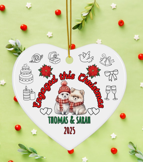 Double-Sided Dog Couple Engagement Ornament, Heart-Shaped Personalized Dog Christmas Ornament, Engagement & Wedding Keepsake