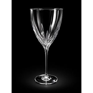 May include: A clear crystal wine glass featuring a tall, slender stem and a wide, circular base. The bowl of the glass is decorated with intricate, vertical, leaf-like cut patterns that extend from the base of the bowl upward toward the rim.