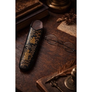 Antique Wire Rim Spectacles w/ Asian Lacquer Case Papier Mache Glasses Holder