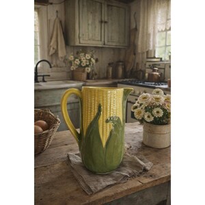 May include: A ceramic pitcher with a corn-on-the-cob design. The pitcher is yellow with green leaves and a yellow handle. It is sitting on a wooden table in a kitchen setting.