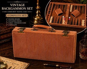 Backgammon Set Corduroy Travel Case Folding Board Dice Cups MCM VTG Complete