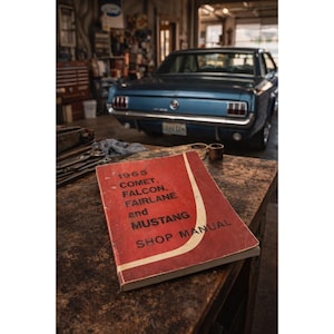 Puede incluir: Un manual de taller rojo vintage para vehículos Comet, Falcon, Fairlane y Mustang de 1965 descansa sobre un banco de trabajo desgastado. Un coche azul clásico está en el fondo, lo que sugiere un entorno de garaje. El manual tiene texto blanco y una franja diagonal blanca.