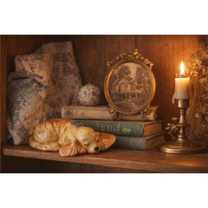 Walker Pottery Sleeping Dog Figurine 1940s California Art Pottery Label 5" VTG