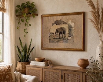Joyce Combs Elephant Mixed Media Wall Art Safari Framed 22x18 Distressed VTG