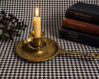 VTG Brass Chamberstick Candle Holder Finger Easy Handle Primitive Farmhouse