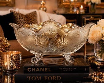 Pressed Glass Footed Bowl Scalloped Edge Floral Pattern Centerpiece Serving Dish